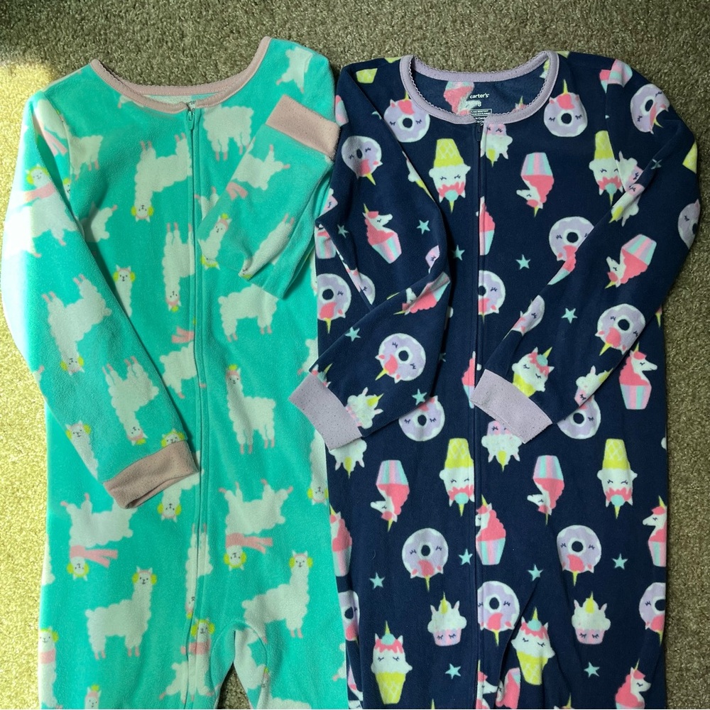 Carter's Kids Sz 8 Onesie Fleece Pajama Sets - Teal Llama and Navy Unicorn Print
